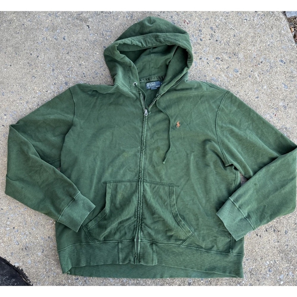 Vtg Polo Ralph Lauren Hoodie Men's Size XXL Full Zip Green Sweatshirt Distressed